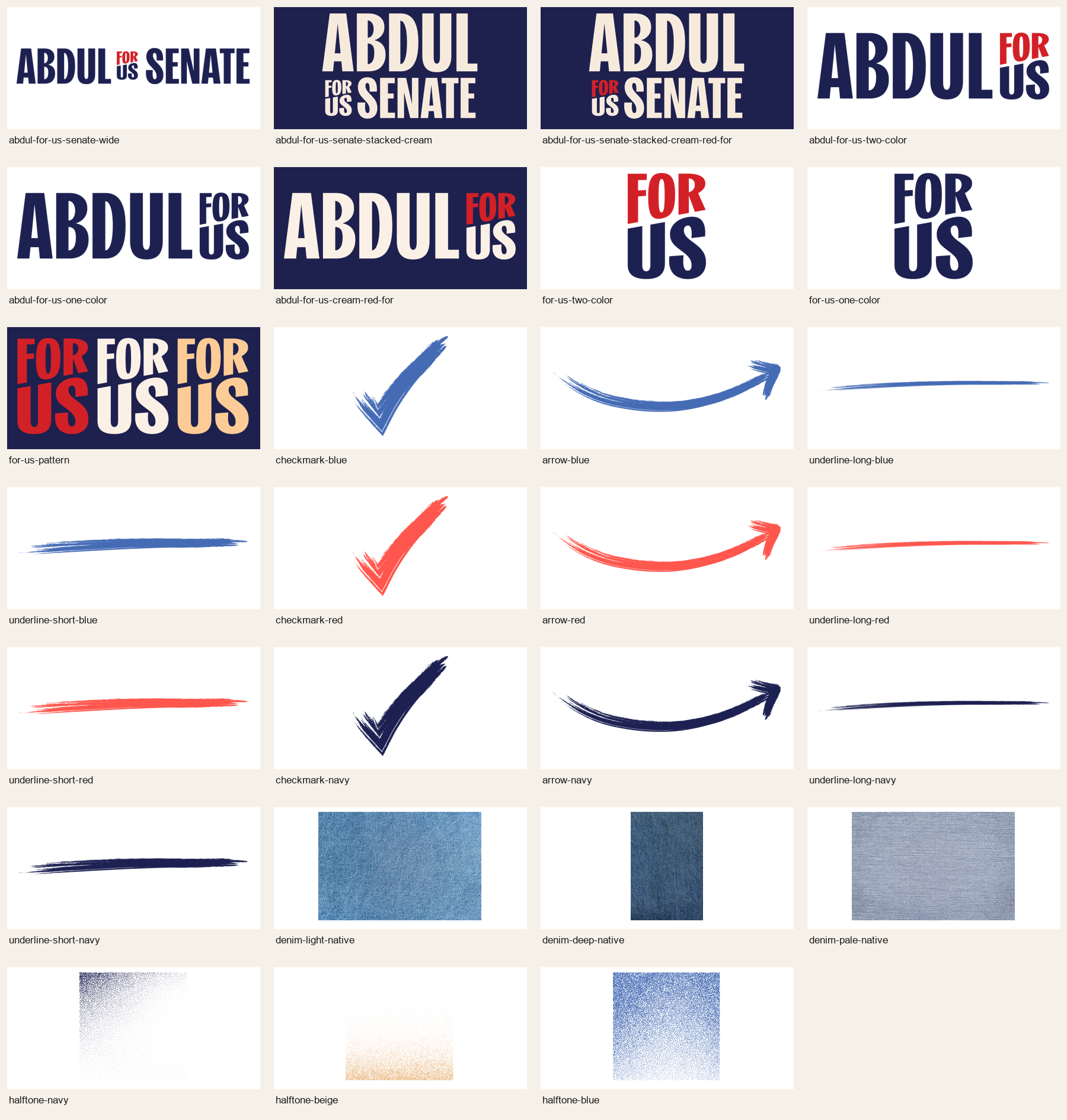Preview of the extracted campaign logos, graphic marks, and textures. Individual asset names and downloads follow.